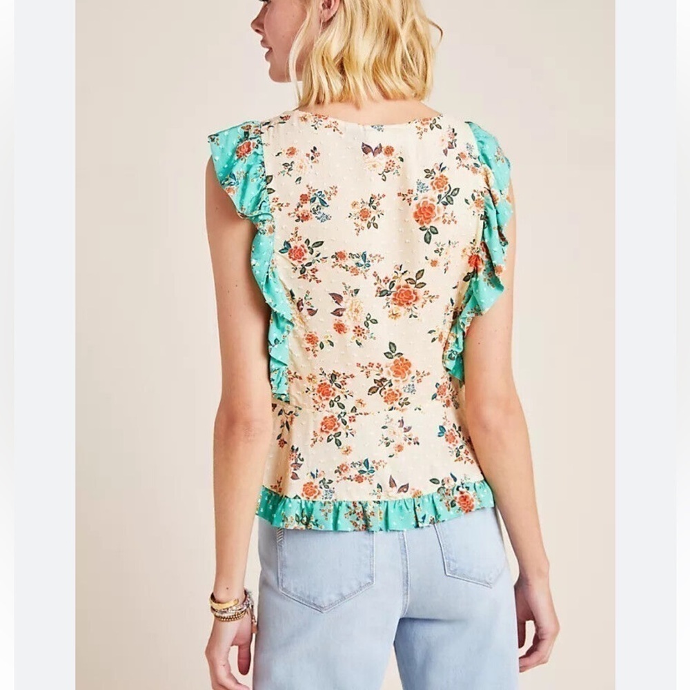 FARM Rio Cream Floral Ruffle Top with Teal Trim - Picture 3 of 16